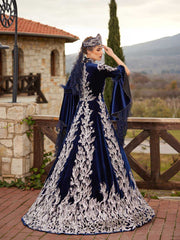Navy Blue Velvet Heavily Embroidered Long Sleeve Wedding Bridal Caftan Gown 515_0039 (1)