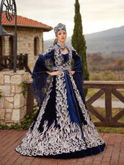 buy Navy Blue Velvet Heavily Silver Embroidered Long Bell Sleeve Turkish Wedding Henna Bridal Caftan Gown Dress online henna party gowns