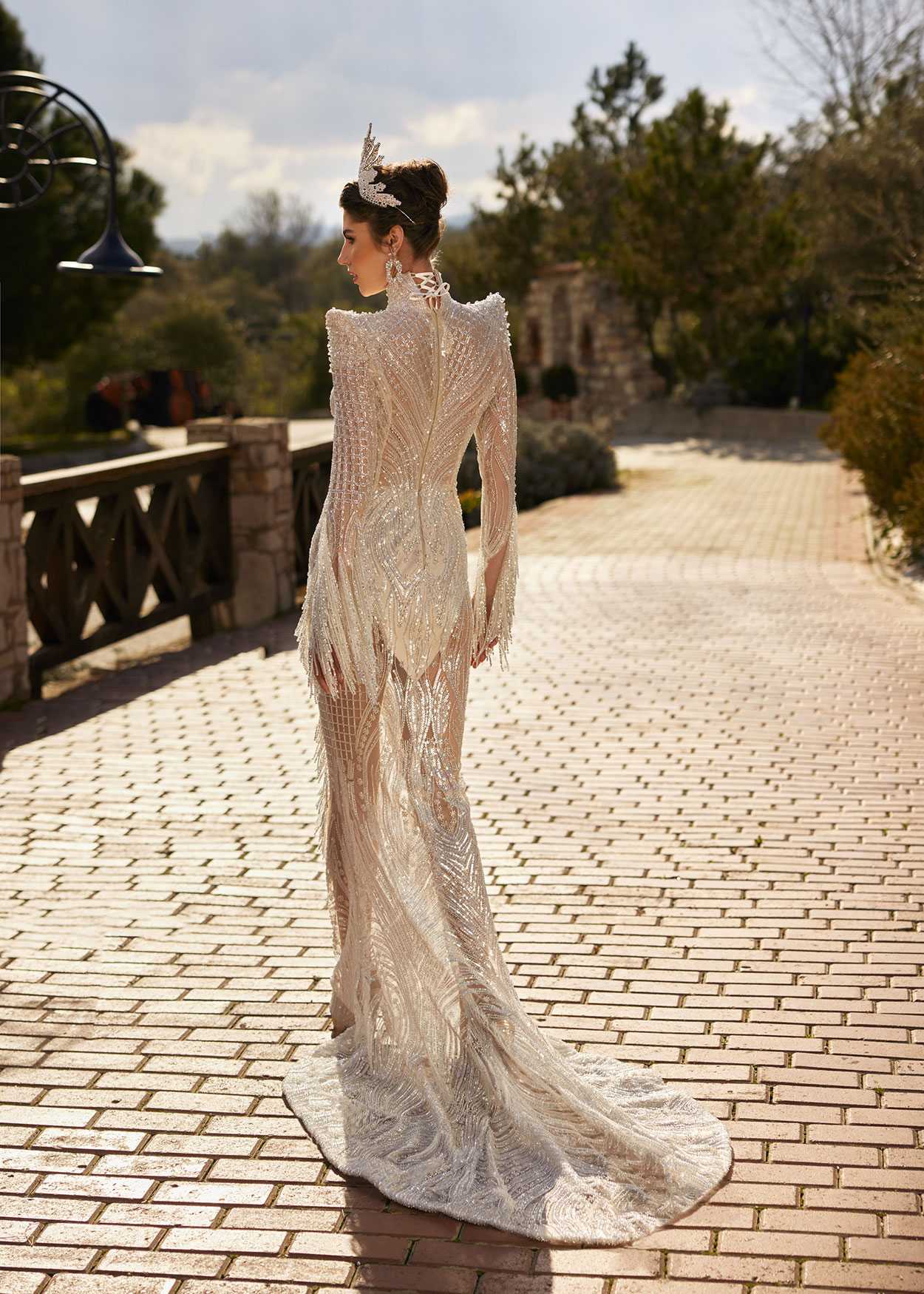 traditional wedding dresses Stunning Ivory Non Traditional Shinny High Neck Fringed Sleeve Mermaid Bridal Dress 42