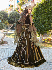 Olive Green Long Tulle frill Sleeves Modern wedding Henna Kaftans online 6008ÇY-(4)
