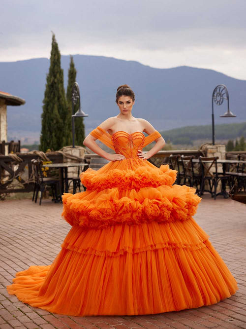 cocktail & party birthday dress for women Stylish Off Shoulder Orange Tulle Wedding Ball Gown 42