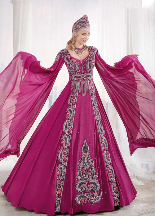Fuchsia Turkish Evening Gowns Pleated Waisted Maxi Dress – Sultan Dress