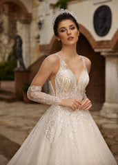 simple but elegant sleeveless wedding dress with detachable sleeves and plunging neck bridal stores online