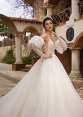 buy Spaghetti Sleeve Princees Sparkly Ball Gown With Removable Puff Sleeves wedding dresses online