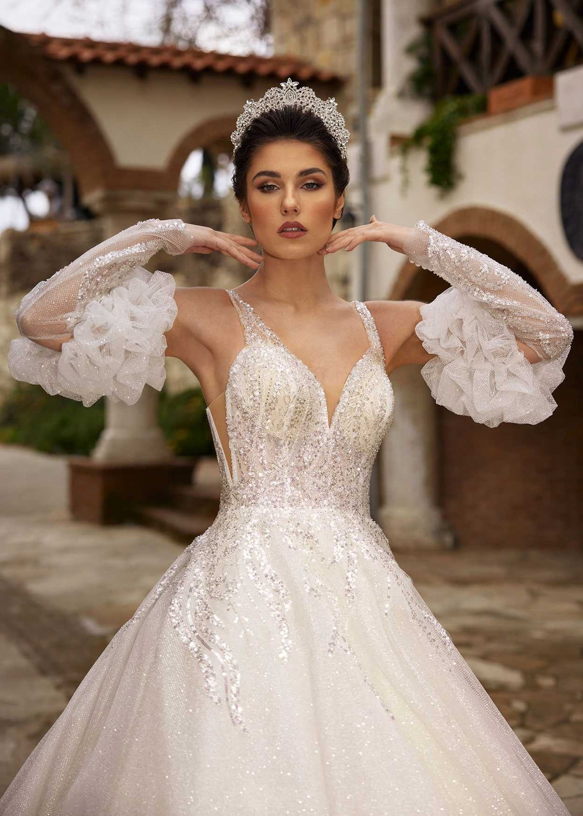 buy Stylish V Neck Detachable Puff Sleeve A Line Bridal Dress online bridal store