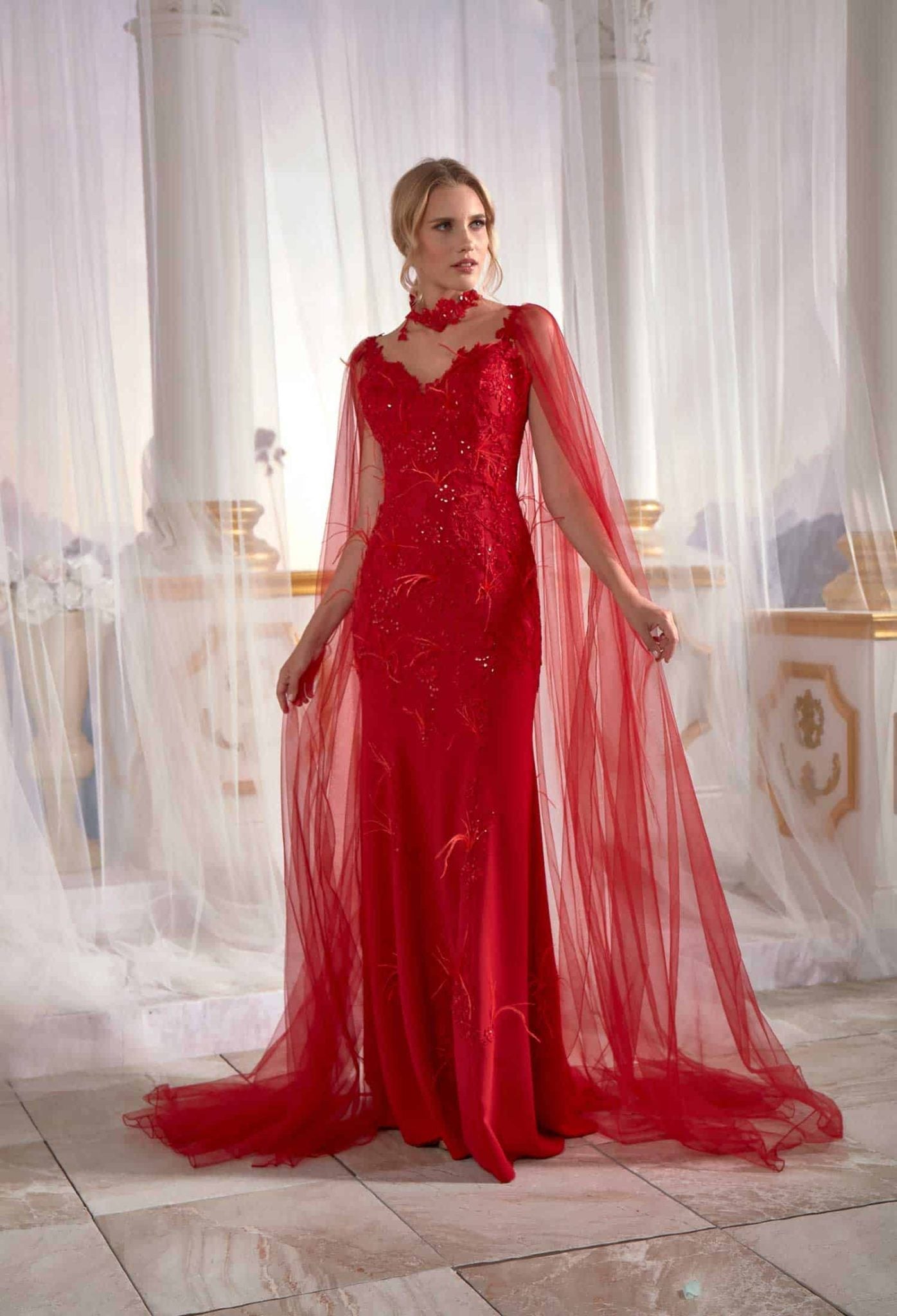 Red Prom Dress Mermaid With Flutter Flower Tulle Cape Back Tall Soft Sultan Dress Red Prom Dress Mermaid With Flutter Flower Tulle Cape Back Tall Soft Sultan Dress