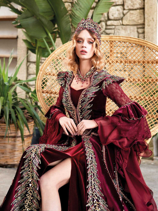 buy elegant lece long layered sleeves beaded embellished front slit long ballgown for princess online ball gowns shopping