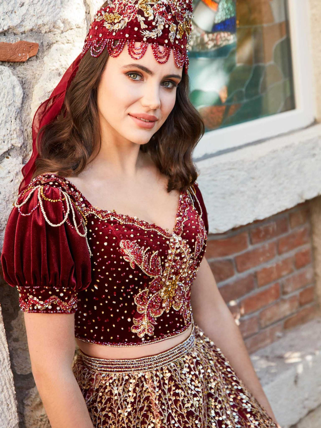 Gold Sequin Puff Sleeves Red Mehndi Party Dress 42 Gold Sequin Puff Sleeves Red Mehndi Party Dress 42