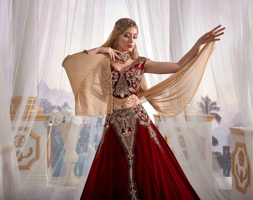 Red Chic Caftan Set Slit Skirt Belly Open Velvet Delicate Sequins buy online shopping (1)