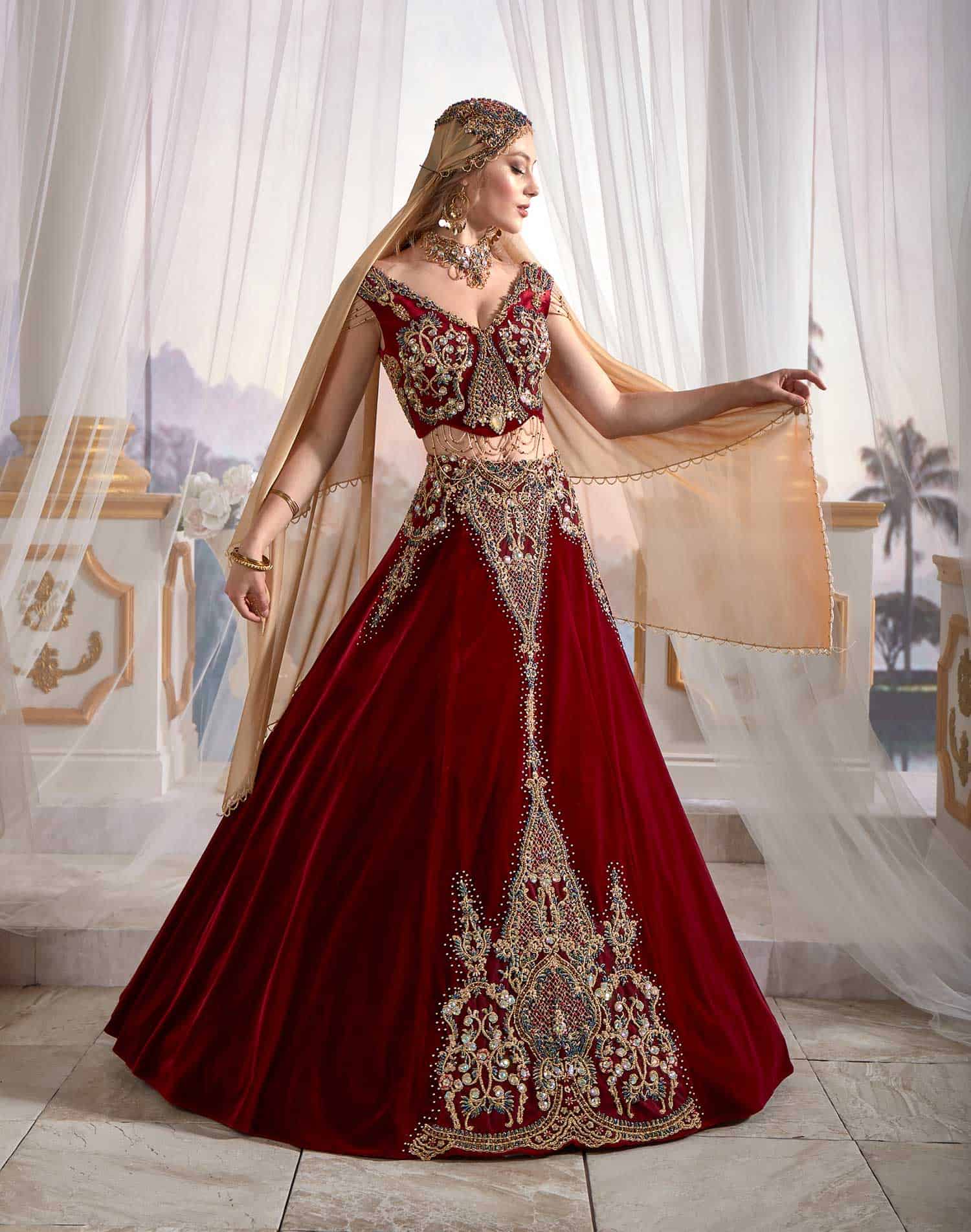 Red Chic Caftan Set Slit Skirt Belly Open Velvet Delicate Sequins buy online shopping (3)