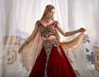 Red Chic Caftan Set Slit Skirt Belly Open Velvet Delicate Sequins buy online shopping (6)