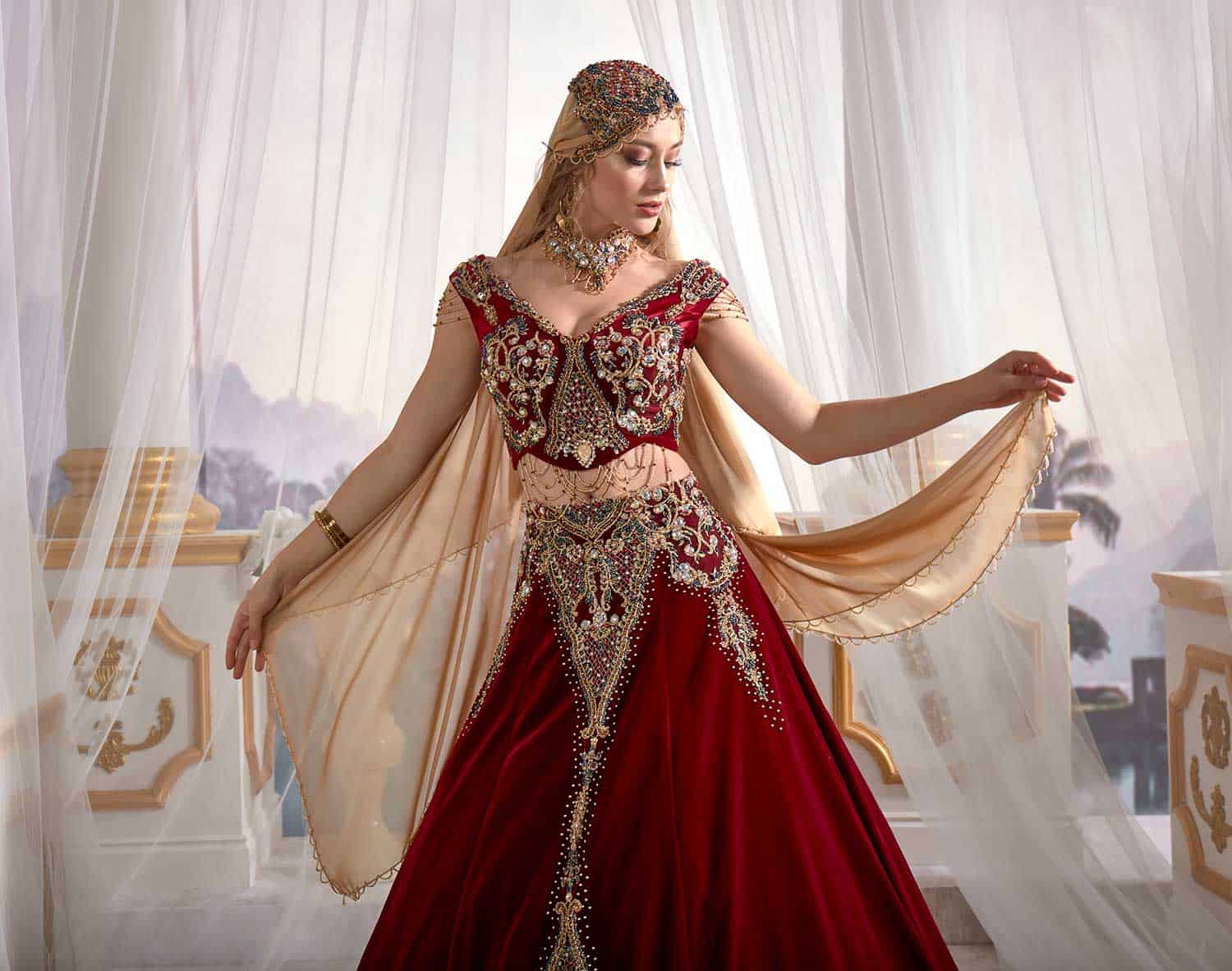 Red Chic Caftan Set Slit Skirt Belly Open Velvet Delicate Sequins buy online shopping (6)