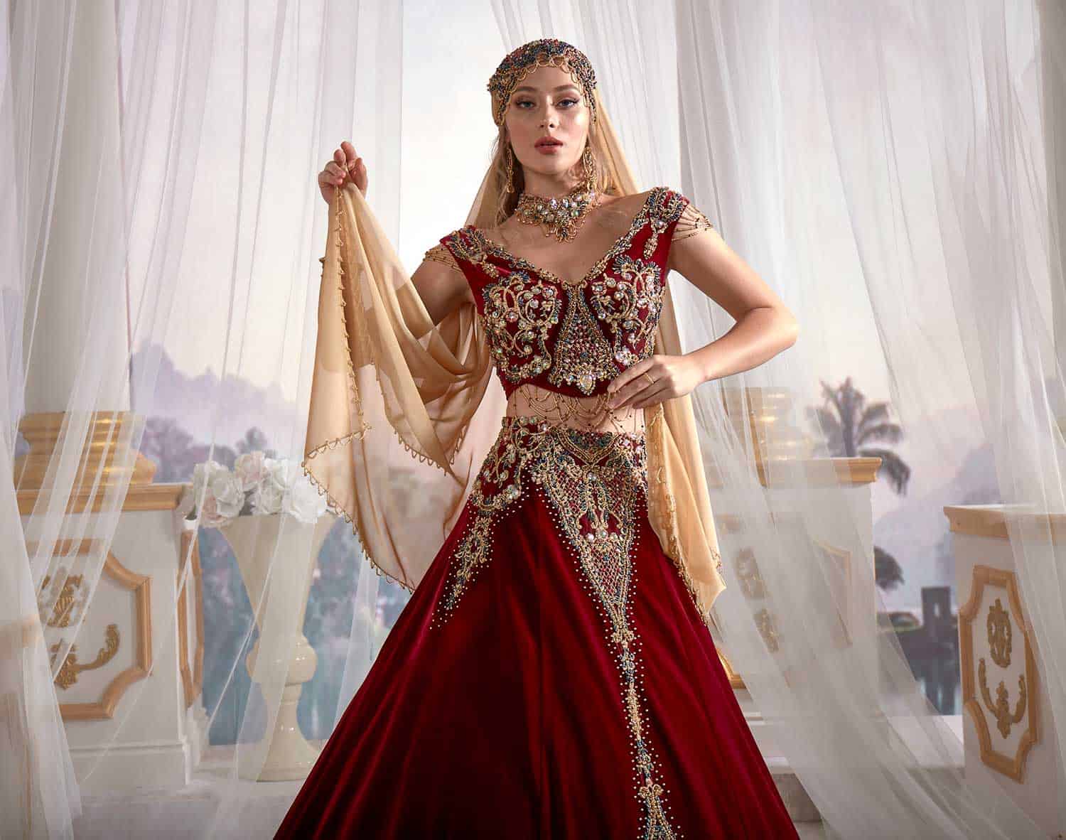 Red Chic Caftan Set Slit Skirt Belly Open Velvet Delicate Sequins buy online shopping (7)