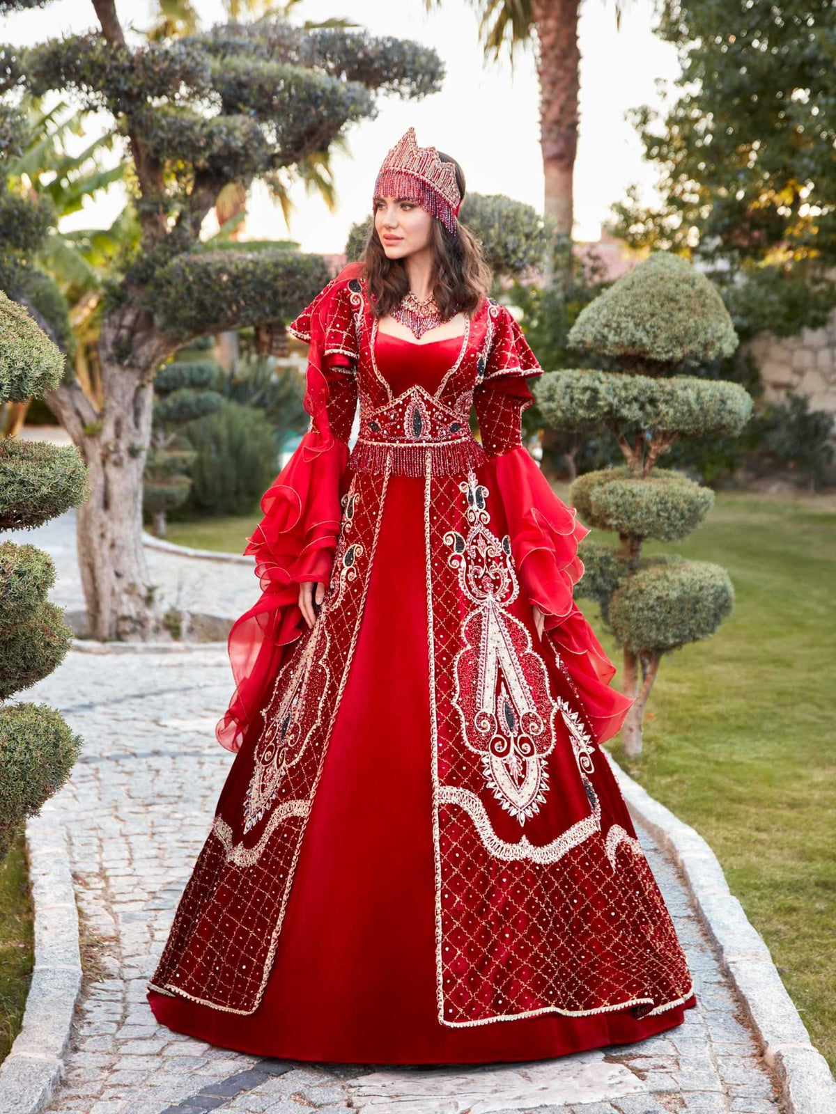 Red Heavy Handwork Long Arabic Turkish henna party Wedding Kaftan Dress for ladies online 6011A-(2)