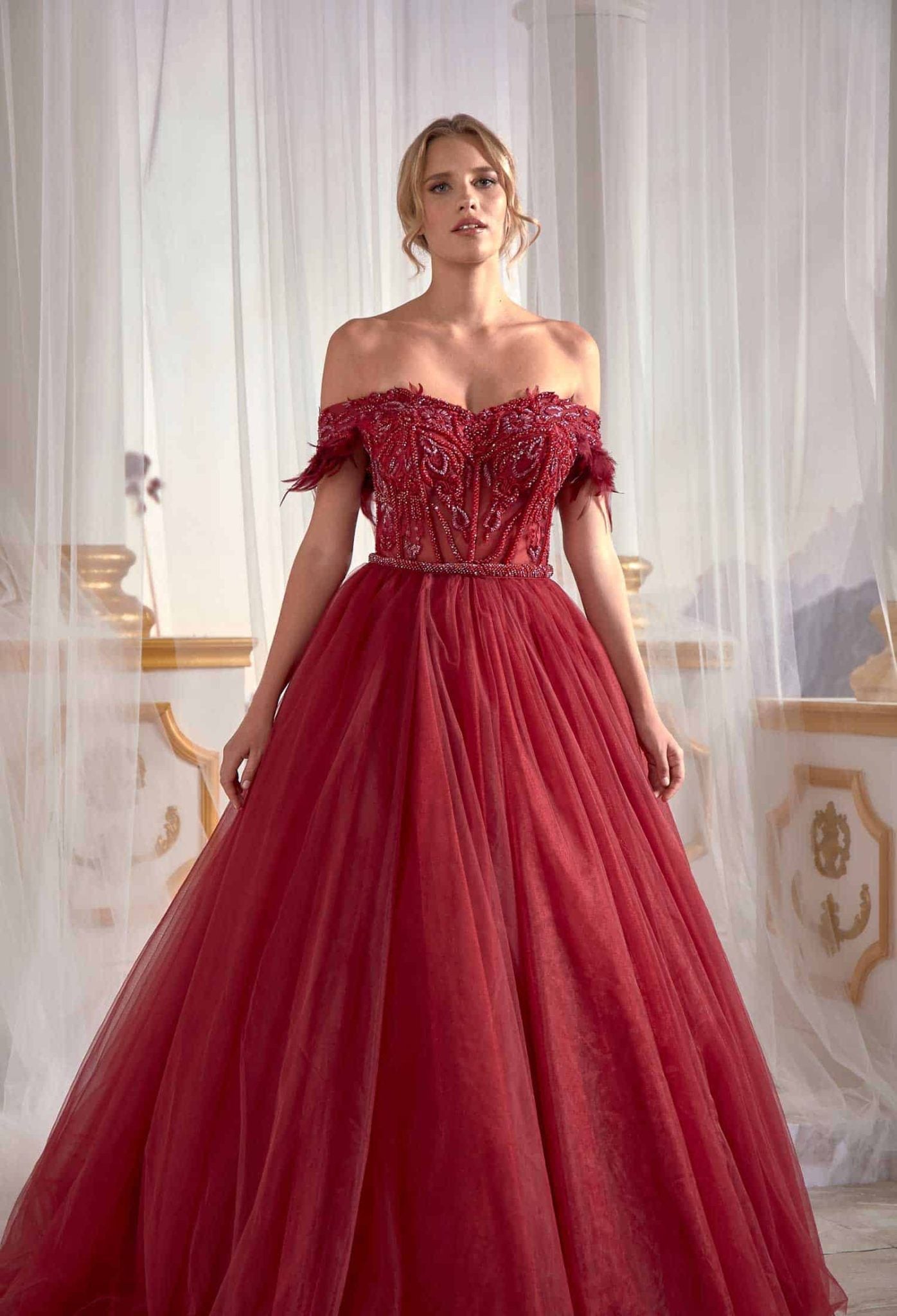 Red Prom Dress Pleated Embellished Top Detail Cold Shoulder Appliques Belt Detail (2)