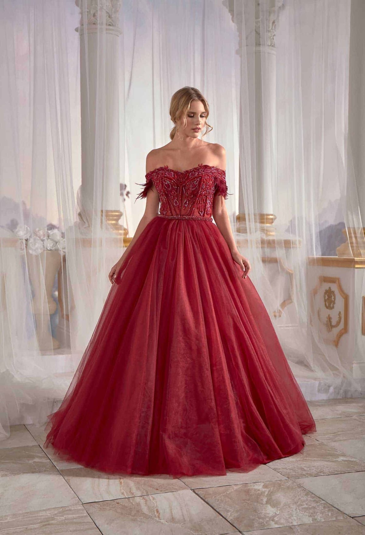 Red Prom Dress Pleated Embellished Top Detail Cold Shoulder Appliques Belt Detail buy evening dresses online (1)