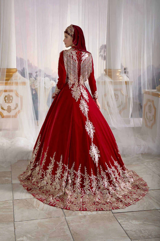 buy Red Embellished Top Detail İslamic Long Evening Dresses Long Sleeve Ottoman Caftan