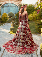 buy Red velvet Off the Shoulder gold applique Embroidered cathedral train  A Line Dress