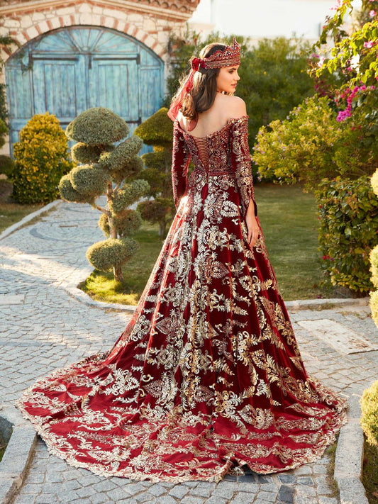 buy Red velvet Off the Shoulder gold applique Embroidered cathedral train  A Line Dress