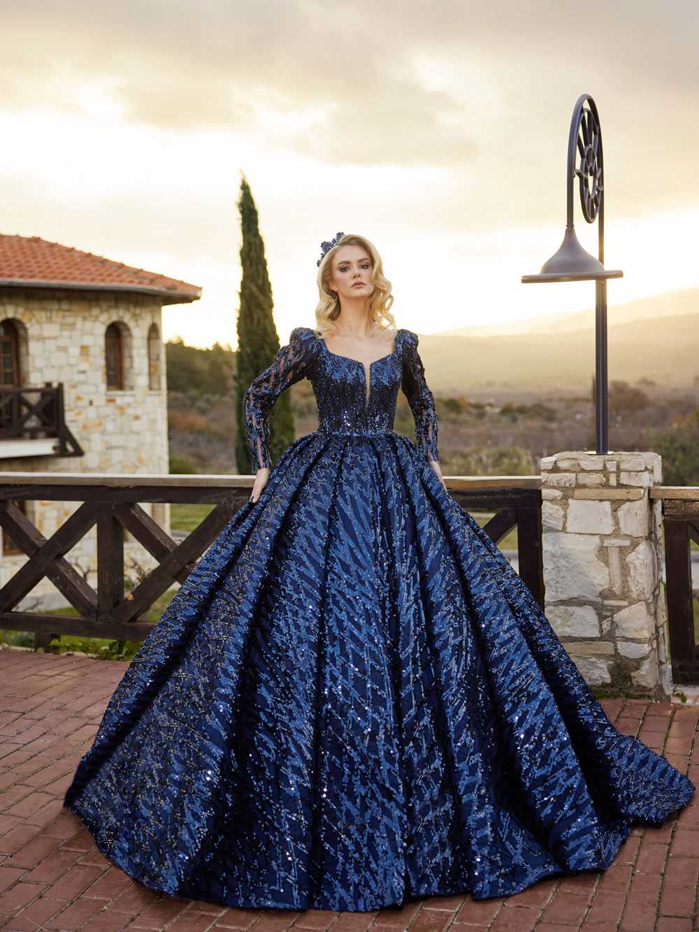 buy Royal Blue Princess Long Sleeve Heavily Sequin Long Tail Ball Gown )