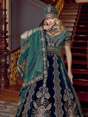 buy Stylish And Designer Emerald Green Heavy Embroidered Long Mehndi Party Gown with dupatta online shopping