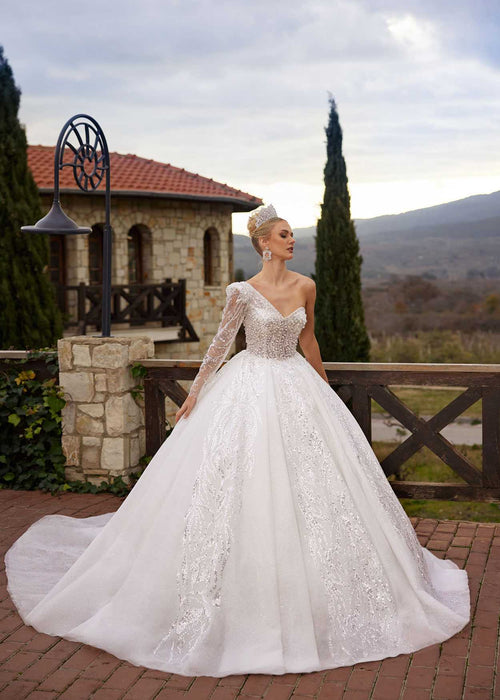 one shoulder white wedding dress Unique One Shoulder Ruffles White Boho Wedding Dress Simple Beach Bridal Gown QW2349 US6 / Ivory