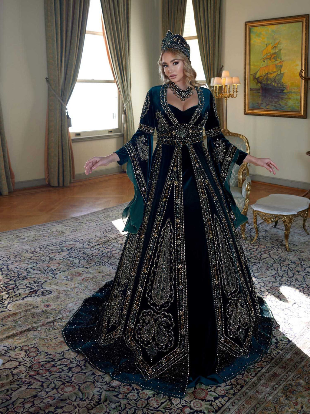 Emerald Green Turkish Traditional Henna Party Long Bridal Dress Sultan Dress Emerald Green Turkish Traditional Henna Party Long Bridal Dress Sultan Dress