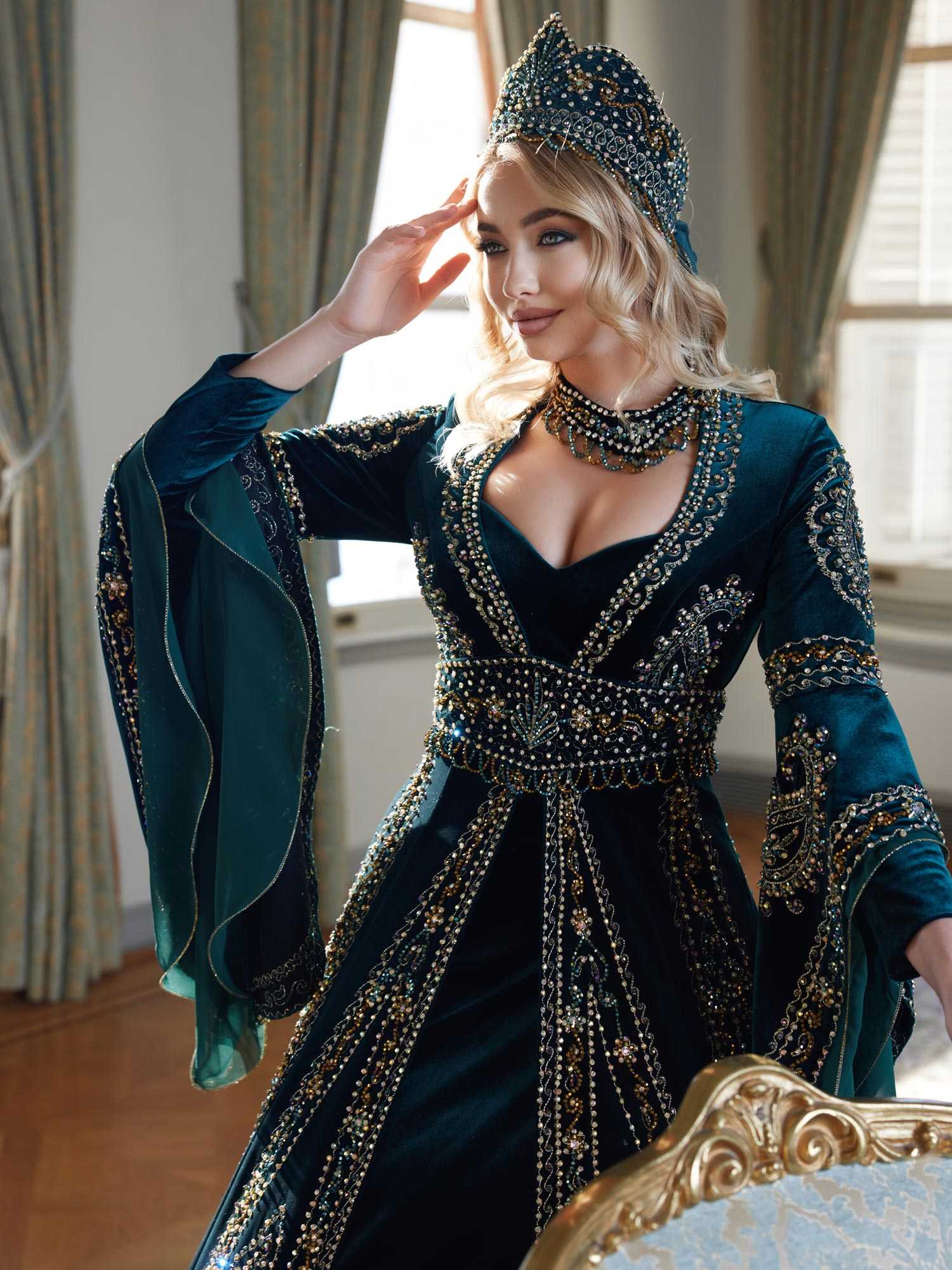 Emerald Green Turkish Traditional Henna Party Long Bridal Dress - 36 Emerald Green Turkish Traditional Henna Party Long Bridal Dress - 36