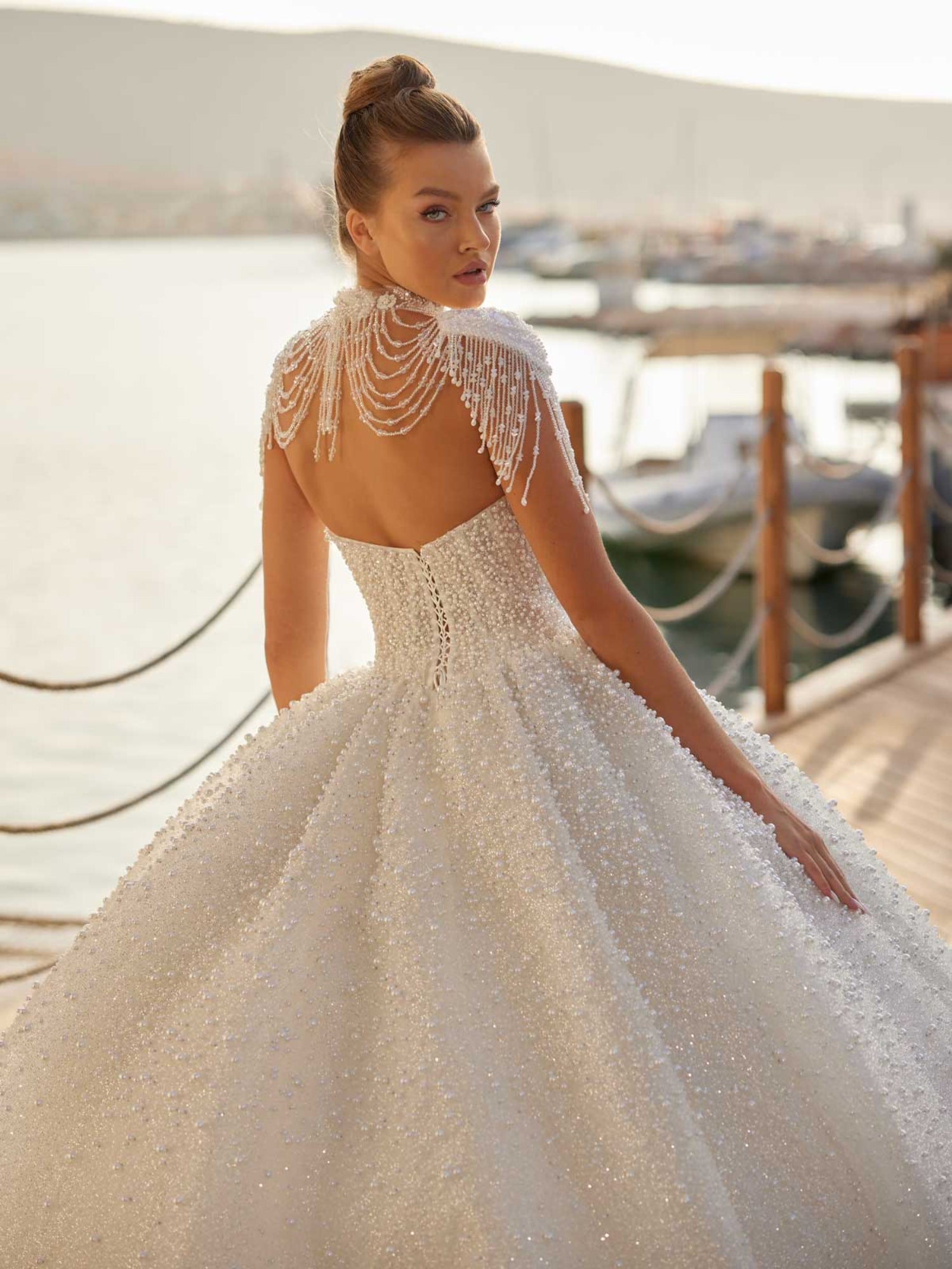 Pearl Embellished Strapless Train Wedding Dress 42