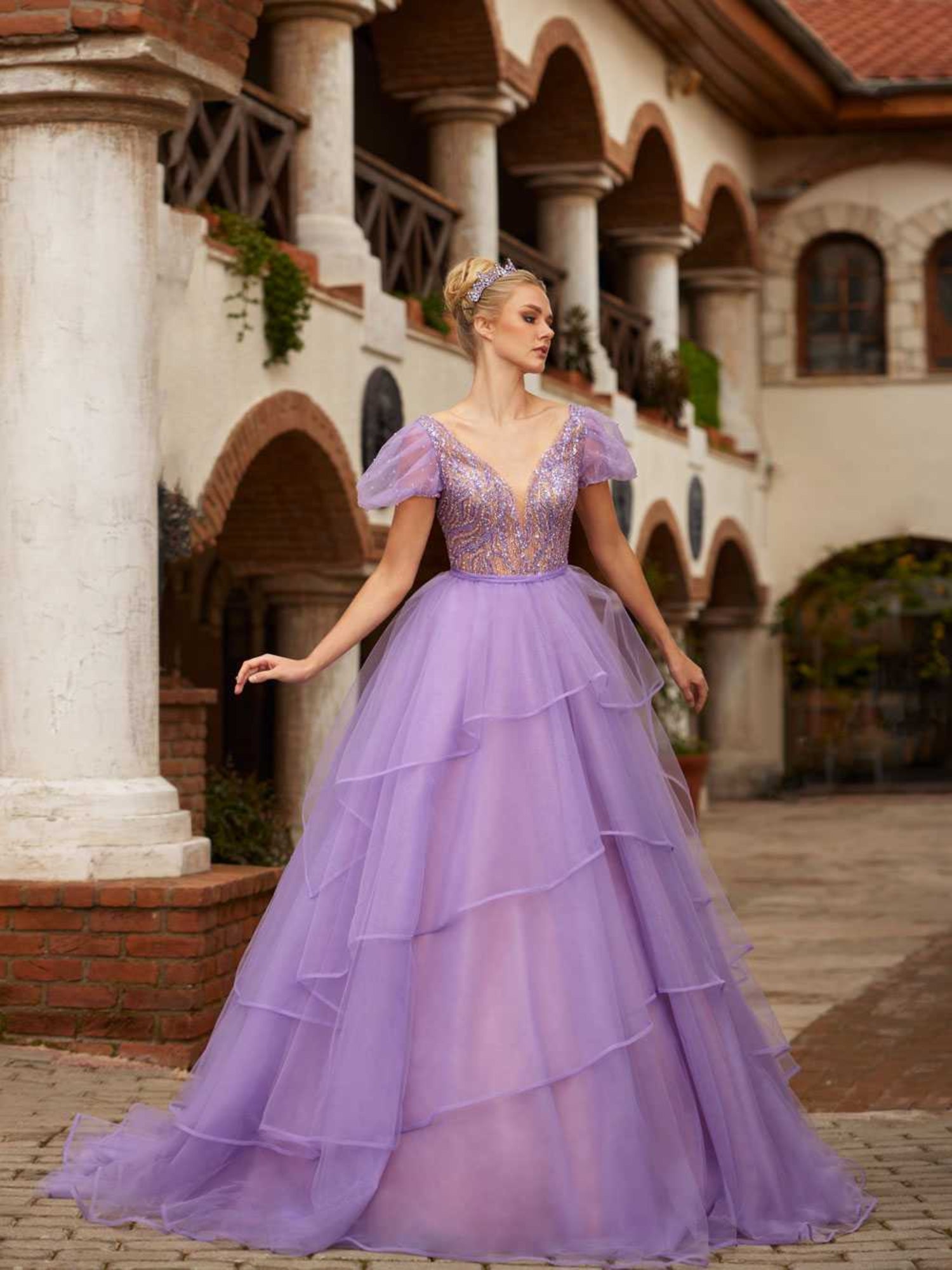 V Neck Puff Sleeve Lilac Lace Tulle Embellished Long Party Dress 36