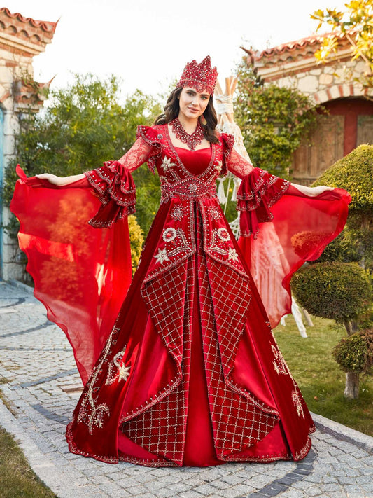 buy Maxi Red velvet Full Embellished with sequin handwork Turkish Henna Party Kaftan Gown online store 6009A-(5)
