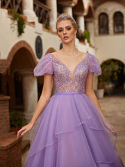buy Lilac V neck  Lace Top Embellished Puffed Short Sleeve Tule Long Party Dress with chapel train online party gowns shop