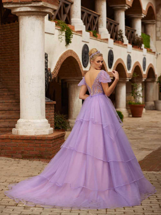 buy V Neck Puffed Sleeve Lilac Lace Tulle Embellished Long princess Party Dress 