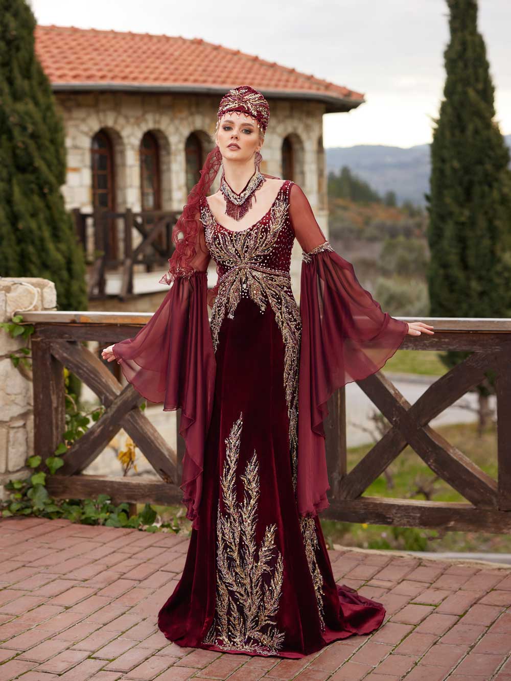 Velvet Long Fitted Gold Lace Tulle Sleeve Henna Party Formal Evening Dress 516 (1)