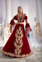 Full-length front view of the red golden embroidery evening caftan with traditional patterns and lace appliques by Sultan Dress