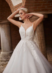buy Modest Classy Plunging Neck Lace Wedding Gown With Train online bridal shops with cheap price