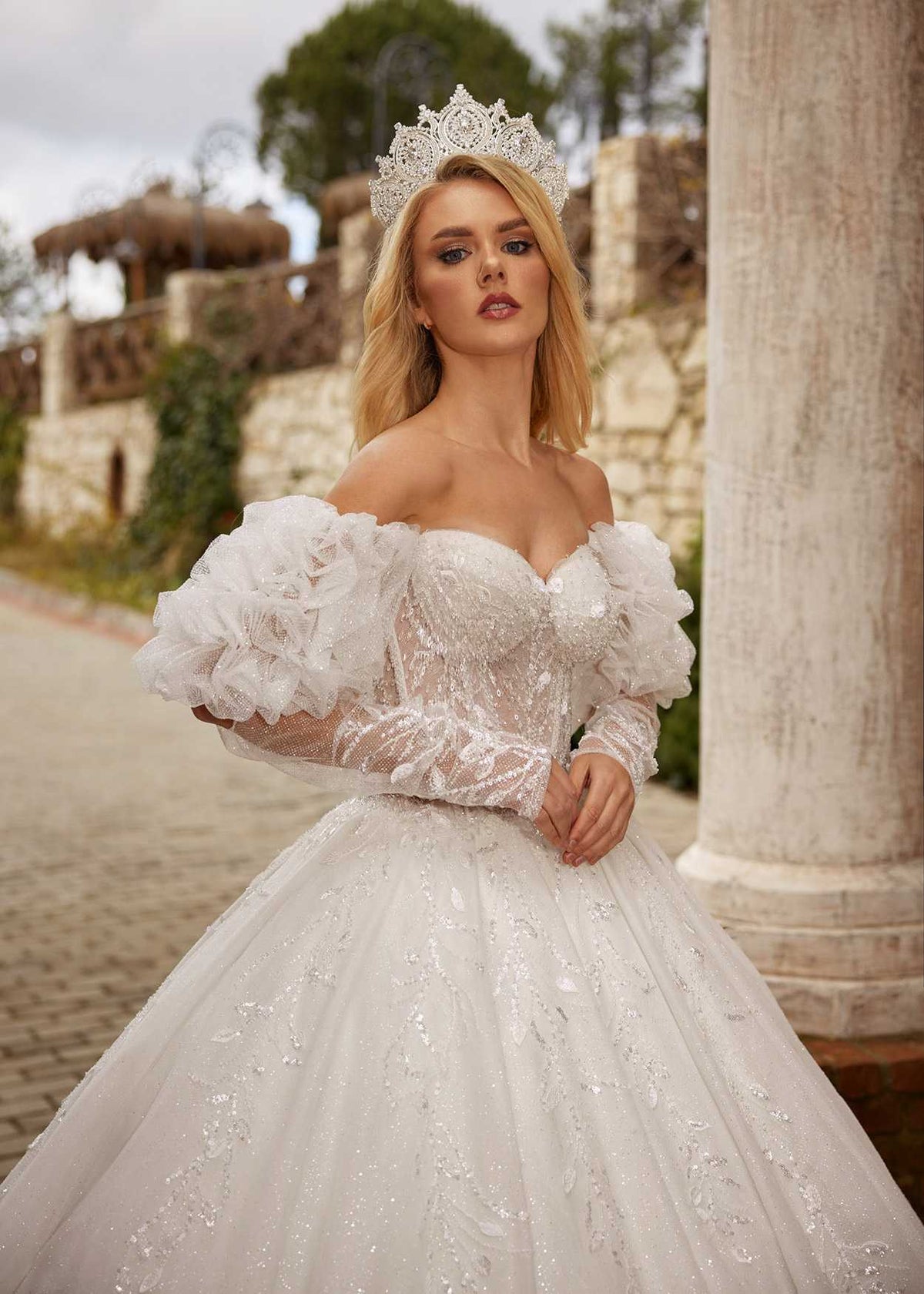 buy Boho A Line Country Style Puffy Ruffled Sleeve Tulle Strapless Wedding Dress bridal gowns boutique online