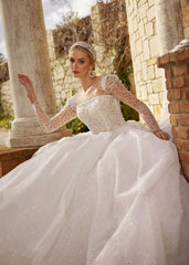 buy Lace Pearl Beaded Bodice Illusion Sleeve Cathedral Train Wedding A-Line Bridal Gown cheap wedding gowns online
