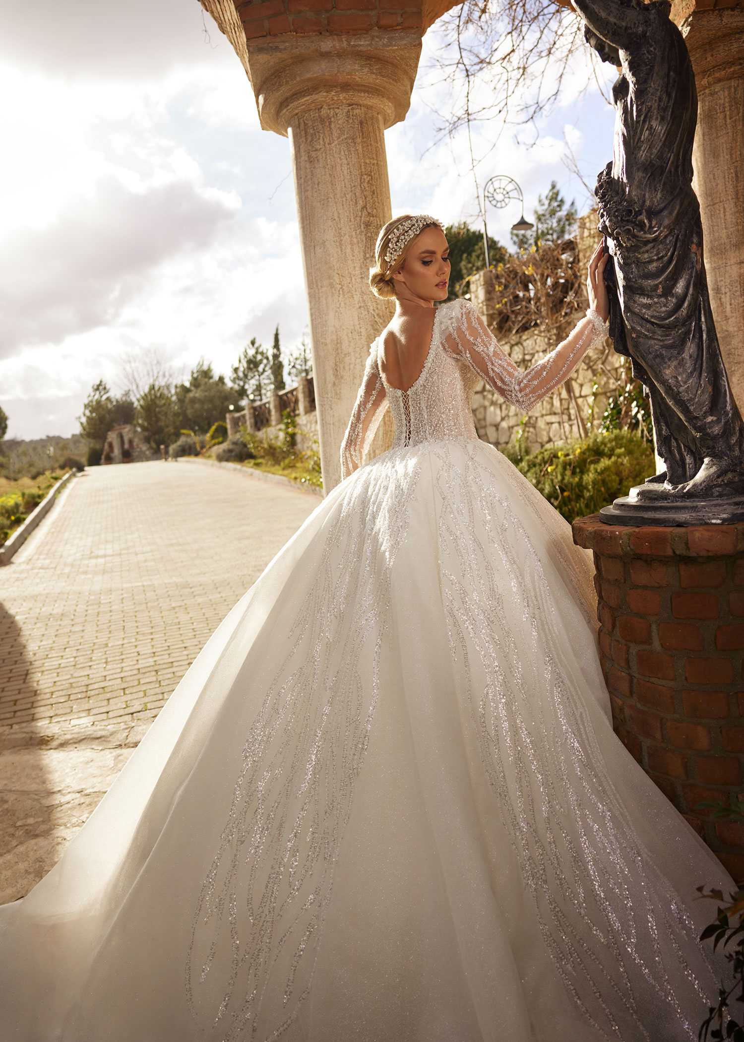 buy Simple But Elegant Glitter Wedding Bridal Dress with cathedral train online bridal boutique