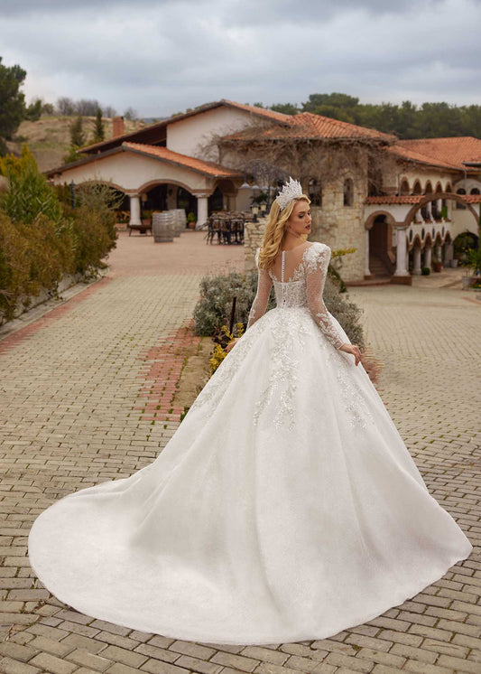 buy Sophisticated Floral Lace Sleeve Sheer Bodice A Line Princess Bridal Gown online bridal shops with reasonable price