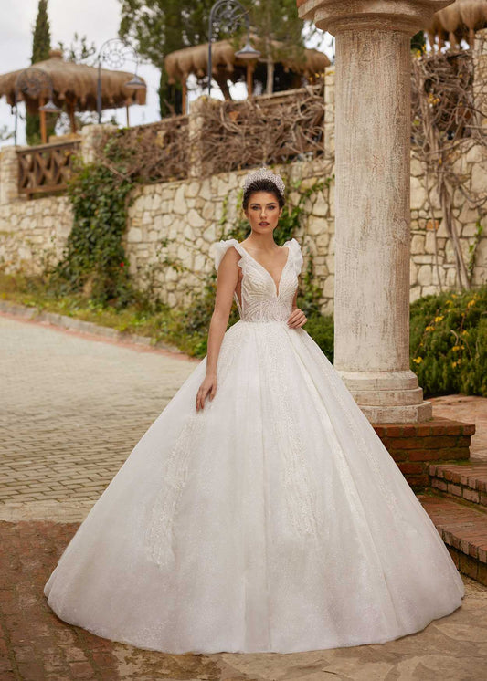 buy A Line Princess Tulle V Neck Chapel Train Floor Length Wedding Gown cheap bridal dresses online