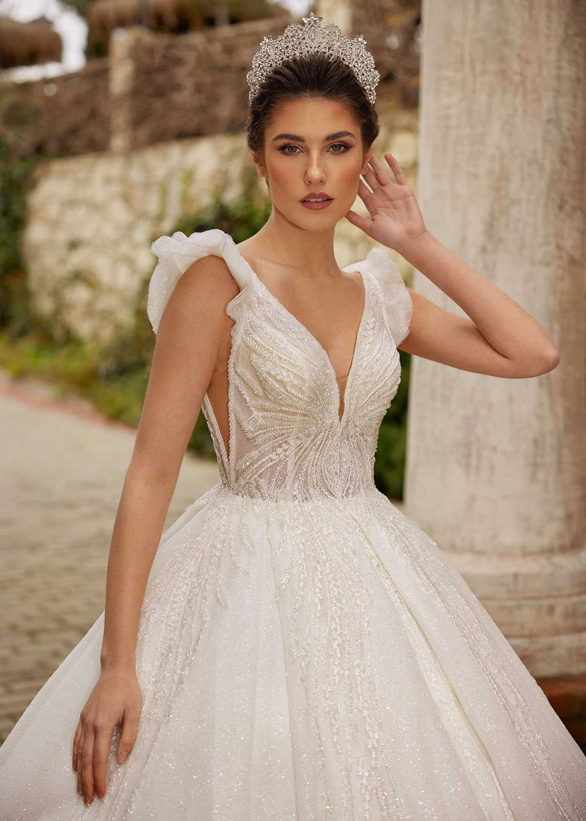 buy Beautiful Ruffled Sleeveless A Line Deep V Neck Wedding Dress With Pearls plus size online wedding gowns store