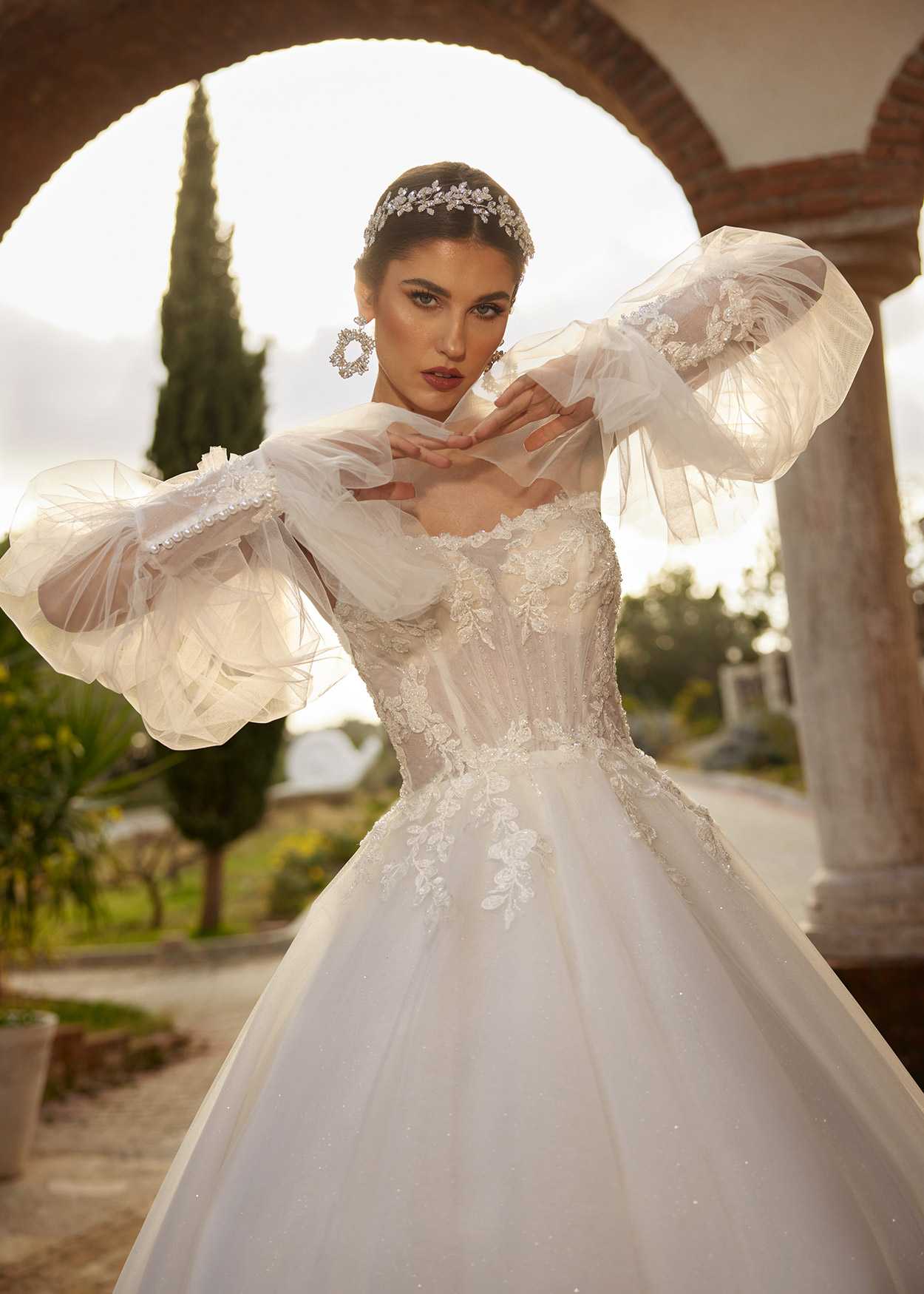 buy Boho Chic Sheer Floral Embroidered Lace Removable Puff Sleeve Bridal Dress