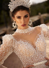 buy Luxurious Full Pearl Adorned Illusion Lace Removable Train Wedding Dress online bridal shops with affordable price