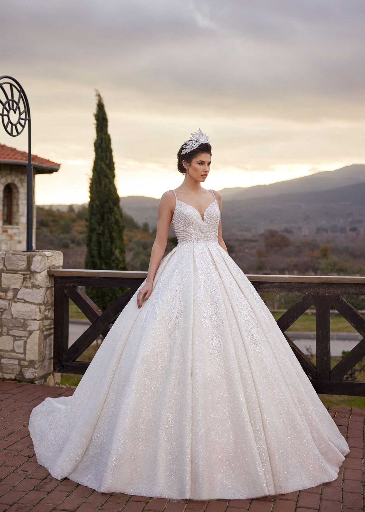 Sunburst Beaded Spaghetti Strap Sparkle Ball Gown