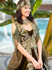 buy velvet maxi fringe sleeves a line gold appliue embellished henna party dress
