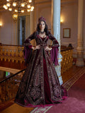 buy Wine Red Maxi Velvet Embellished Gold Lace Applique Formal Wedding Party Gown For Brides online firuze-(7)