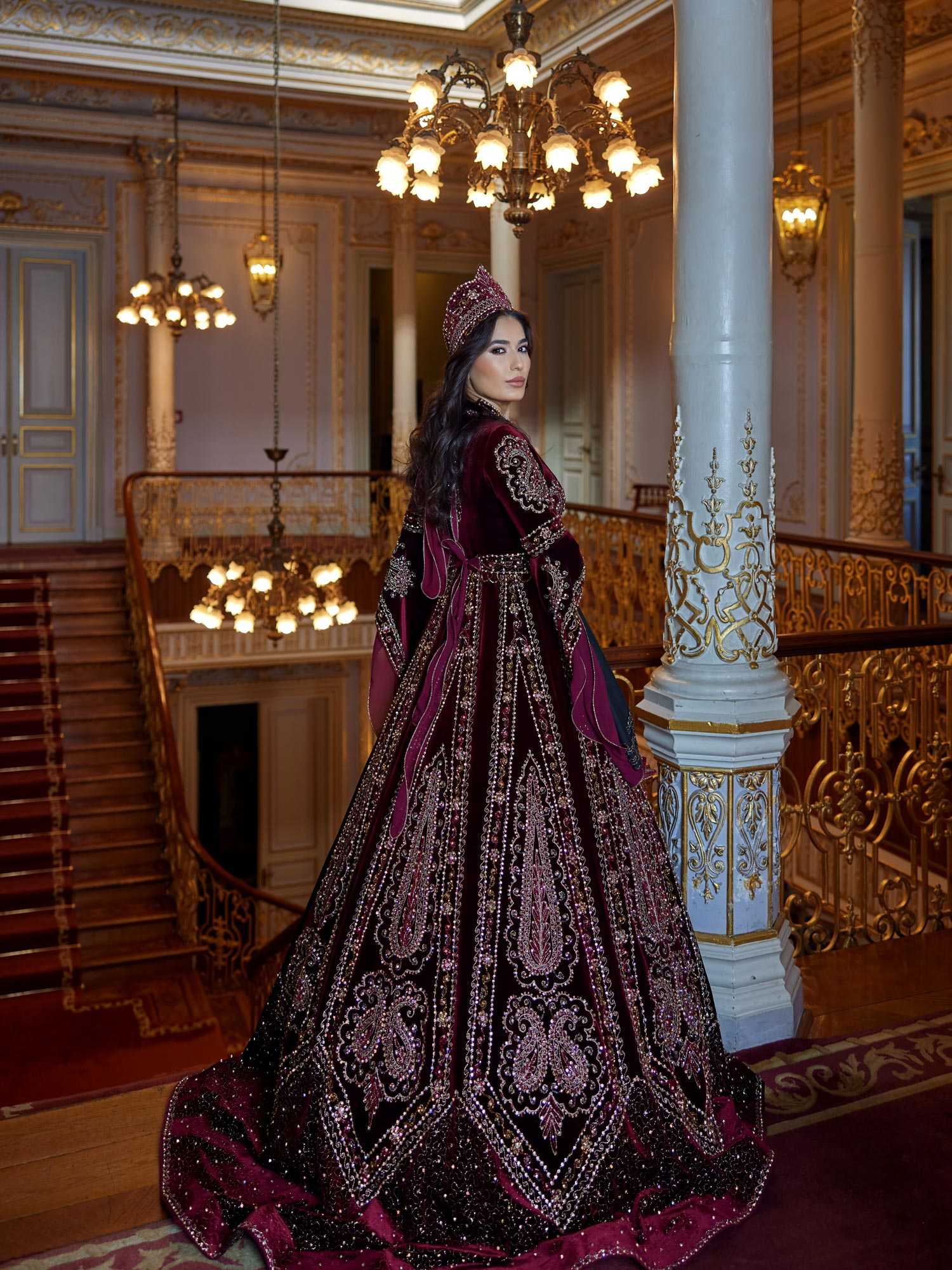 Wine Red Maxi Velvet Gold Lace Applique Formal Party Gown Sultan Dress Wine Red Maxi Velvet Gold Lace Applique Formal Party Gown Sultan Dress
