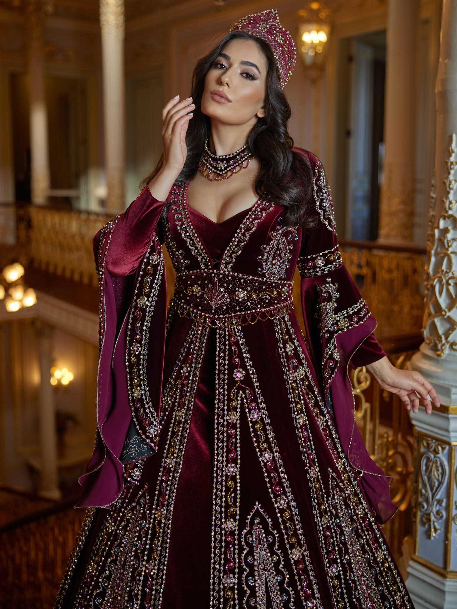 Wine Red Maxi Velvet Gold Lace Applique Formal Party Gown – Sultan Dress