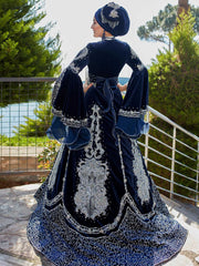 arabic navy blue hand embroidery long islamic abaya kaftan bridal dress (1)